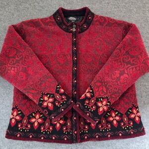 Icelandic Design Wool Blend Zip Cardigan Jacket M Burgundy Nordic Floral Lined